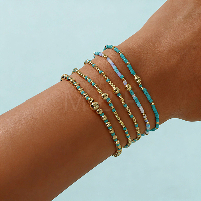 5Pcs 5 Styles Bohemian Style Glass Seed Bead & Brass Beads Stretch Bracelets Set for Women XX3462-2-1