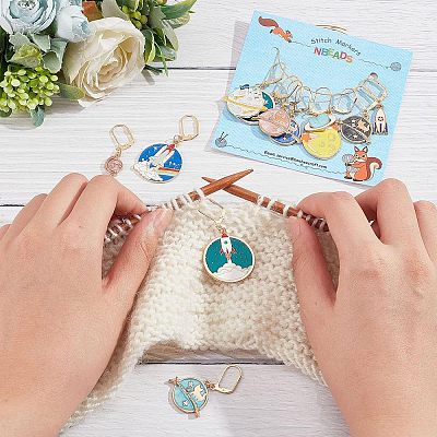 12Pcs 12 Style Flat Round & Rocket & Heart & Star Alloy Enamel Locking Stitch Markers HJEW-PH01500-1