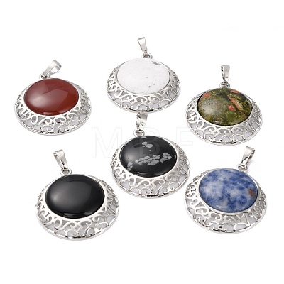 Mixed Gemstone Pendants with Hollow Platinum Brass Findings G-P448-A-1