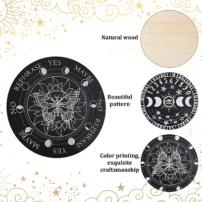 Gorgecraft Butterfly/Moon Phase Pattern Wooden Flat Round Pendulum Board AJEW-GF0006-87B-1