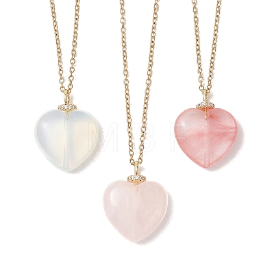 3Pcs 3 Styles Cherry Quartz Glass & Opalite & Natural Rose Quartz Heart Pendant 304 Stainless Steel Cable Chain Necklaces for Women NJEW-JN05971-1