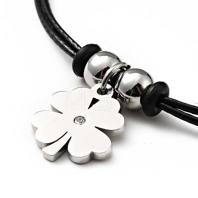 304 Stainless Steel Clover Charm Bracelet with Waxed Cord for Women BJEW-A125-28-1