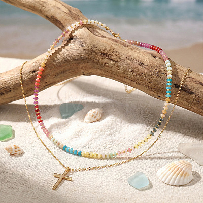 Stainless Steel Religion Cross Pendant Colorful Natural Gemstone Rondelle Beaded Double Layer Necklaces for Women CO5137-1