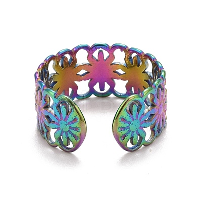 Rainbow Color Ion Plating(IP) 304 Stainless Steel Sunflower Open Cuff Ring for Women RJEW-A005-42MC-1