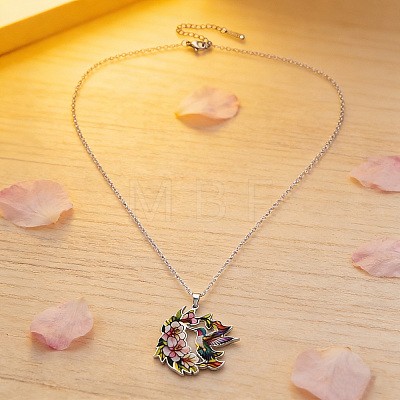 Printed 304 Stainless Steel Enamel Flower & Bird Pendant Necklaces NJEW-N063-03P-1