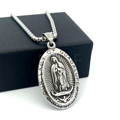 Vintage 304 Stainless Steel Oval with Emboss Virgin Pendant Box Chain Necklaces for Women AV8349-1