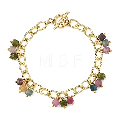 Natural Mixed Gemstone Faceted Cube Beads Tassel Brass Textured Cable Chain Bracelets for Women BJEW-JB14335-1