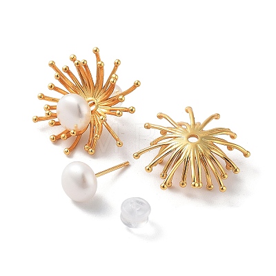 Flower Natural Pearl Stud Earrings for Women EJEW-E303-21G-1