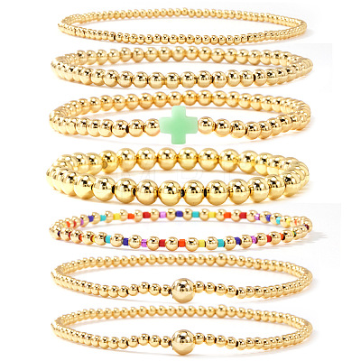 7Pcs Brass Round Beaded Bracelets for Women SB9067-6-1