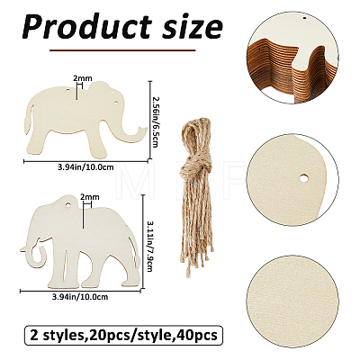 40Pcs Unfinished Blank Wooden Elephant Pendants Set for Painting Arts WOCR-FH0001-01-1