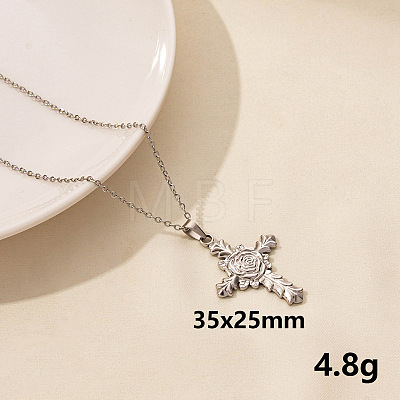 Vintage Stainless Steel Cross with Rose Pendant Lock Collarbone Chain Necklace for Women KO0043-11-1