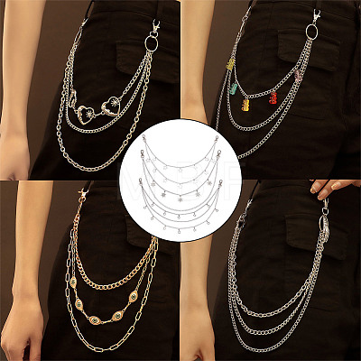 4Pcs 4 Styles Brass & 304 Stainless Steel Double Layer Chains for Jeans Pants with Alloy Star Charms AJEW-GO00009-1