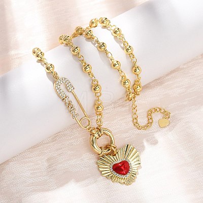 Mother's Day Brass Micro Pave Clear Cubic Zirconia Enamel Red Sacred Heart Mama Pendant Necklaces for Women NJEW-A071-12A-G-1