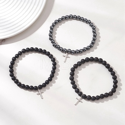 3Pcs Natural & Synthetic Mixed Gemstone Beads Stretch Bracelets BJEW-JB13252-1