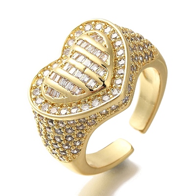 Rack Plating Heart Brass Clear Cubic Zirconia Wide Open Cuff Rings RJEW-S411-12G-02-1