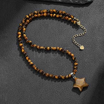 Bohemian Natural Tiger Eye Star Pendant 4MM Round Gems Beaded Necklaces FI0922-3-1