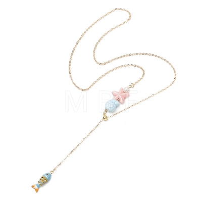 Ocean Brass Pave Cubic Zirconia Enamel Fish Tassel Brass Cable Chain Lariat Necklaces NJEW-JN06293-1