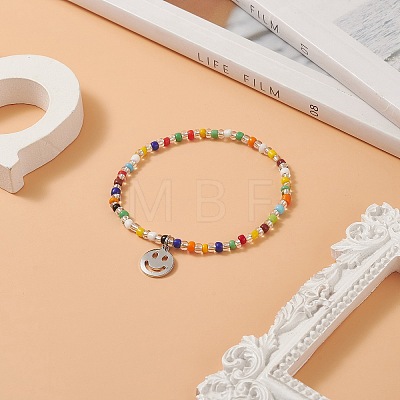 Colorful Seed Beaded Stretch Bracelet with Brass Charms for Women BJEW-JB09218-01-1