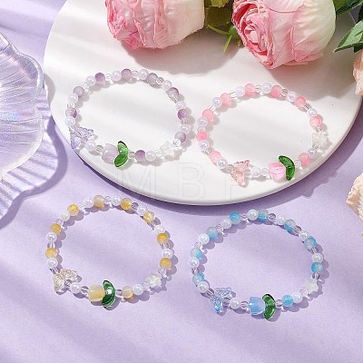 Tulip & Butterfly & Round Two Tone Glass Imitation Jade Beaded Stretch Bracelets for Women BJEW-JB10686-1