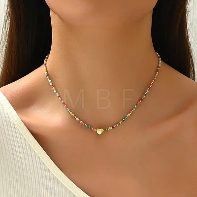 Bohemian 304 Stainless Steel Heart Faceted Colorful Glass Beaded Necklaces for Women JD8300-1
