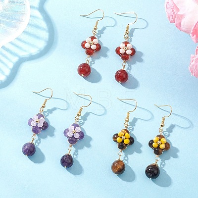 3 Pairs Brass Flower Dangle Earrings EJEW-TA00759-1