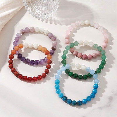 Round Natural Gemstone Stretch Beaded Bracelets BJEW-JB12986-1