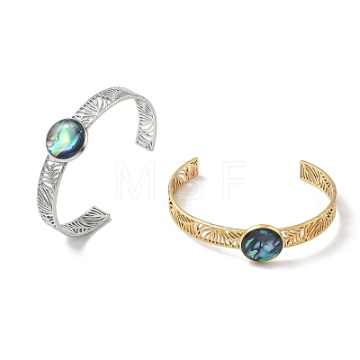 2Pcs 2 Colors Natural Abalone Shell Paua Shell 304 Stainless Steel Hollow Open Cuff Bangle Sets with Enamel BJEW-JB14486-02-1
