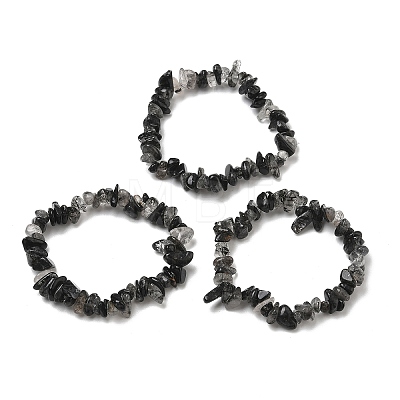 Natural Tourmalinated Quartz Chip Beaded Stretch Bracelets for Women BJEW-D467-01A-1
