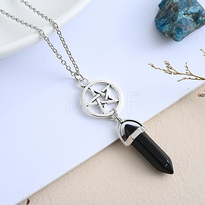 Natural Obsidian Hexagonal Prism Pointed Faceted Bullet and Alloy Star Pendant Necklaces for Women VW3662-2-1