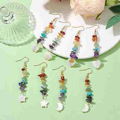 Natural & Synthetic Mixed Gemstone Chips & Shell Dangle Earrings EJEW-JE05597-1