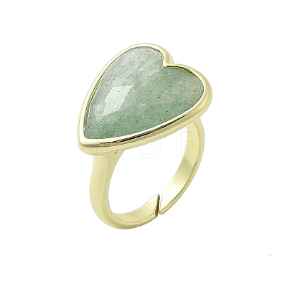 Heart Brass Natural Green Strawberry Quartz  Finger Rings RJEW-D304-01G-C-1