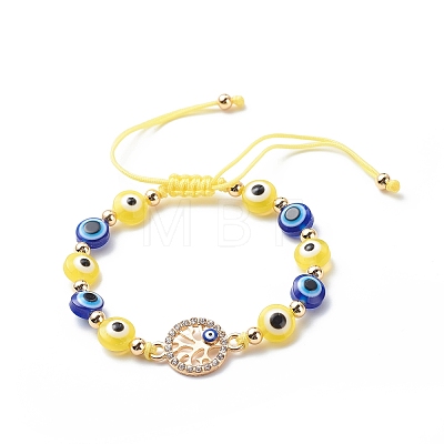 Evil Eye Resin Bead & Flat Round with Tree of Life Alloy Rhinestone Braided Beaded Bracelets for Girl Women BJEW-JB08740-04-1