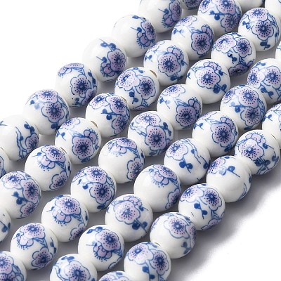 Handmade Flower Printed Porcelain Ceramic Beads Strands PORC-M007-10mm-05-1