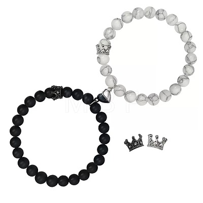 2Pcs Matching Natural Black Matte Stone & Synthetic HowliteRound Beads Stretch Bracelets PT6851-3-1