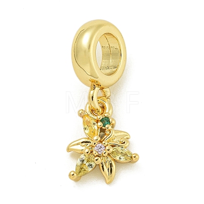 Rack Plating Brass Pave Colorful Cubic Zirconia Flower European Dangle Charms KK-Z067-34G-1