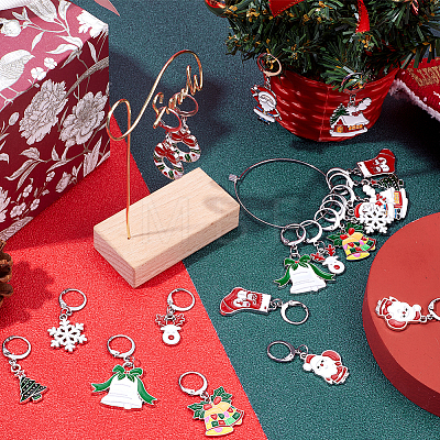 Christmas Theme Alloy Enamel Bell/Santa Claus/Snowflake Pendant Locking Stitch Markers HJEW-SC0001-43-1