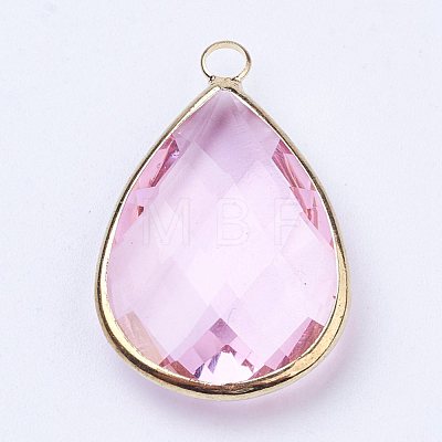 Golden Tone Brass Glass Teardrop Pendants X-GLAA-M006-A-15G-1