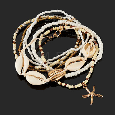 2 Bags Summer Beach Glass Seed Beaded & Natural Shell & Alloy Starfish Charm Anklet Sets AJEW-TA0003-69F-1