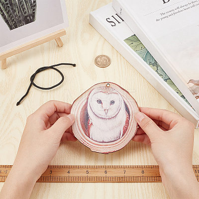 CREATCABIN 1 Set Flat Round & 3D Owl Pattern Wooden Pendant Decorations HJEW-CN0001-18-1