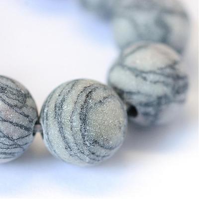 Frosted Natural Black Silk Stone/Netstone Round Bead Strands G-E334-6mm-25-1