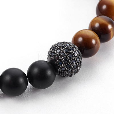 Natural Tiger Eye and Natural Black Agate(Dyed) Beads Stretch Bracelets BJEW-JB04005-01-1