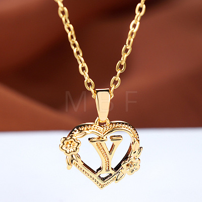 Brass Rose Flower Heart with Letter Pendant Cable Chain Necklaces FS-WG42461-25-1