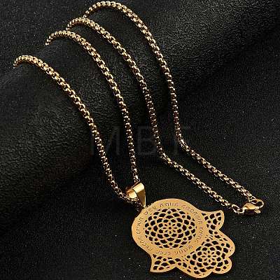 304 Stainless Steel Hollow Religion Hamsa Hand Pendant Necklaces NJEW-M086-01G-1