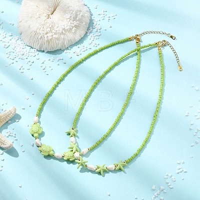 2Pcs 2 Styles Ocean Turtle Starfish Synthetic Turquoise & Natural Pearl & Glass Seed Beaded Necklaces NJEW-JN06130-03-1