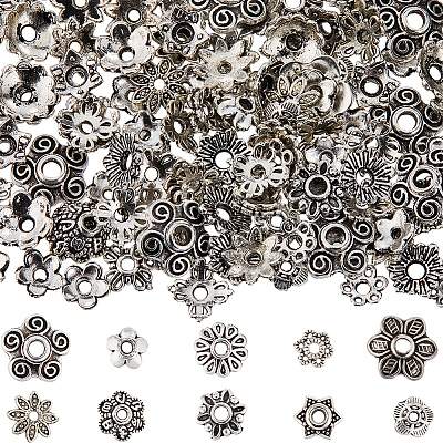 SUNNYCLUE 300Pcs 10 Style Tibetan Style Alloy Flower Bead Caps FIND-SC0008-75-1