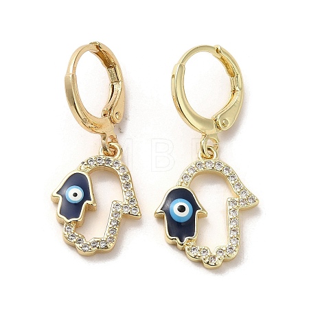 Hamsa Hand with Evil Eye Golden Brass Dangle Leverback Earrings EJEW-Q797-22G-03-1