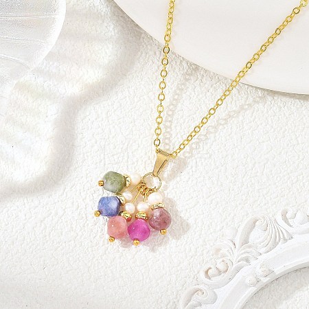 Natural Multicolor Tourmaline Dice Tassel Pendant Brass Cable Chain Necklaces with Natural Pearl for Women NJEW-JN06472-1