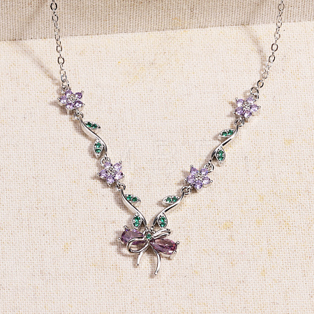 Brass Pave Cubic Zirconia Flower Bowknot Pendant Necklaces for Women WGA7CA3-04-1