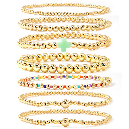 7Pcs Brass Round Beaded Bracelets for Women SB9067-6-1
