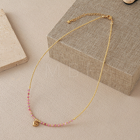 Stainless Steel Heart Pendant Faceted Round Natural Strawberry Quartz with Miyuki Beaded Necklaces UF0843-8-1